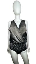 Load image into Gallery viewer, This bodysuit, made from the rare and shimmering Lucie Ann II metallic Lamé material, features a lovely lace bottom. When laid flat, it measures Chest - 35&quot;, Waist - 22&quot;, and Length - 22&quot;.