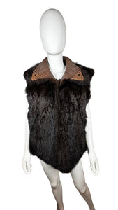 Vintage New Zealand Opossum Fur Vest is a brown zip up fur vest with a leather collar.