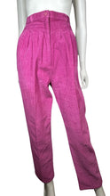Load image into Gallery viewer, These Vintage H.G. Sport Corduroy Pants feature a playful magenta color with a high waist, single button, and zipper. Measured Flat with a 28&quot; waist, 36&quot; hips, 27 1/2&quot; inseam, and 39&quot; length.