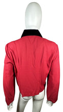 Load image into Gallery viewer, Introducing the Vintage J.W. Treci Blouse: a playful red crop with a velvet collar and a charming rose print on the front. This versatile top can even double as a blazer! Get your quirky on with a chest measurement of 39&quot;, sleeve length of 21&quot;, and ove...
