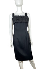 Load image into Gallery viewer, Vintage Black 2pc Button up jacket and dress with lace and sequin embellishment on shoulders of jacket and on the front of the dress. Measured Flat Chest - 38&quot; Sleeve - 23 1/2&quot; Length - 33&quot;