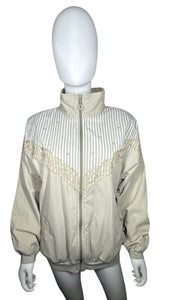 Vintage Beige, lace and pearl embellished casual jacket Measured Flat Chest - 32" Sleeve - 24" Length - 29"