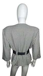 Vintage Perceptions Blazer is a blazer with black belt and houndstooth all over print. Measured Flat Chest - 30" Sleeve - 17" Length - 24 1/2"