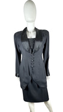 Load image into Gallery viewer, Vintage Black 2pc Button up jacket and dress with lace and sequin embellishment on shoulders of jacket and on the front of the dress. Measured Flat Chest - 38&quot; Sleeve - 23 1/2&quot; Length - 33&quot;