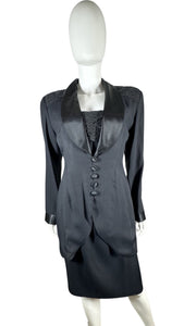Vintage Black 2pc Button up jacket and dress with lace and sequin embellishment on shoulders of jacket and on the front of the dress. Measured Flat Chest - 38" Sleeve - 23 1/2" Length - 33"