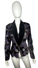 Load image into Gallery viewer, Vintage Velvet Dark Purple Blazer has some wear from the material rubbing under the arms not visible when blazer is on. Measured Flat Chest - 30&quot; Sleeve - 23&quot; Length - 26&quot;
