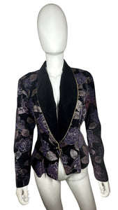Vintage Velvet Dark Purple Blazer has some wear from the material rubbing under the arms not visible when blazer is on. Measured Flat Chest - 30" Sleeve - 23" Length - 26"