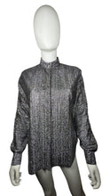 Load image into Gallery viewer, Experience the ultimate 70&#39;s vibe with this shiny sparkly Lame&#39; lurex fabric silver button party top from Judy Bond. Don&#39;t let the pictures deceive you, it&#39;s even better in person. Measured Flat Chest - 38&quot; Sleeve - 25&quot; Waist - Length - 29&quot;.