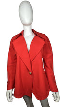 Load image into Gallery viewer, Experience the unique charm of the Vintage Alvin Bell Red Blazer, complete with stunning gold metal button accents on the sleeves and front. Enhance your style with this one-of-a-kind piece that measures 33&quot; in the chest and 22&quot; in the sleeves, with a...