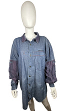 Load image into Gallery viewer, This Vintage Marithe Francois Girbaud Denim Shirt is a highly sought after item, featuring cargo red denim accents on the sleeve and collar. Although there are three lighter areas on the front, they are not very noticeable in person. When measured flat...