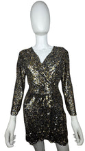 Load image into Gallery viewer, This Designer Parker Sequin Cocktail Dress boasts a stunning combination of silver, gold, and black sequins. Crafted with high quality materials, it offers a comfortable fit with a touch of stretch. With measurements of Chest - 32 Sleeve - 19&quot; Waist -...