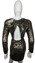 Load image into Gallery viewer, This Designer Parker Sequin Cocktail Dress boasts a stunning combination of silver, gold, and black sequins. Crafted with high quality materials, it offers a comfortable fit with a touch of stretch. With measurements of Chest - 32 Sleeve - 19&quot; Waist -...