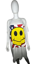 Load image into Gallery viewer, This is a Vintage 90&#39;s International Group smiley face american flag T-shirt/Dress. Measured Flat Chest - 46&quot; Length - 37&quot;