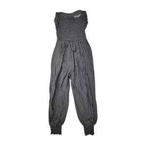 A medium grey jumpsuit without sleeves, featuring an elastic waist and ankles. Made by RND Los Angeles. Dimensions: 28" chest, 20" waist, 40" hips, 25" inseam, and length of 47".