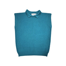 Load image into Gallery viewer, A vintage teal Silver Leaf 2 piece knitted sweater set with a small 8/10 sleeveless polo top and a medium 12/14 skirt. Measured Flat TopChest - 36&quot;Length - 22 1/2&quot; BottomWaist - 12-14&quot;Hips - 38&quot;Length - 26&quot;