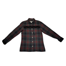 Load image into Gallery viewer, A small Vintage Western Wrangler button up with all over plaid print and velvet embellishment.   Measured Flat  Chest -  32&quot; Sleeve - ﻿23&quot; Length -  24&quot;