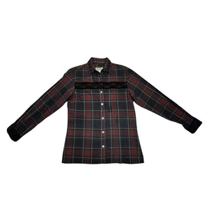 A small Vintage Western Wrangler button up with all over plaid print and velvet embellishment.   Measured Flat  Chest -  32" Sleeve - ﻿23" Length -  24"