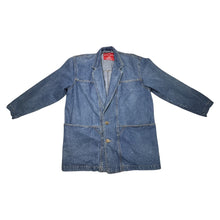 Load image into Gallery viewer, An extra large Vintage Rustic Denim Blazer with 2 buttons and front pockets.   Measured Flat  Chest -36&quot; Sleeve - 22&quot; Length - 33 1/2&quot;