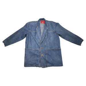 An extra large Vintage Rustic Denim Blazer with 2 buttons and front pockets.   Measured Flat  Chest -36" Sleeve - 22" Length - 33 1/2"