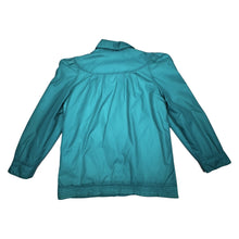 Load image into Gallery viewer, This vintage windbreaker jacket in medium size features a striking teal color and exaggerated shoulders, reminiscent of the bold styles from the 80&#39;s and 90&#39;s. The measurement details are as follows: chest - 41 inches, sleeve - 24 inches, and length -...