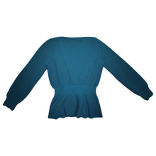 Load image into Gallery viewer, A vintage medium teal 3-button knitted cardigan by Knitmakers. Measured FlatChest - 40&quot;Sleeve - 24&quot;Waist - 28&quot;Length - 24&quot;