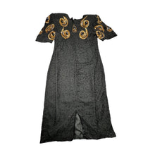 Load image into Gallery viewer, A Vintage Sho-Girl Design 100% pure silk black and gold sequin and beaded dress that zips in the back. Measured FlatChest - 28&quot;Waist - 30&quot;Hips - 34&quot;Length - 40&quot;