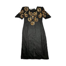 Load image into Gallery viewer, A Vintage Sho-Girl Design 100% pure silk black and gold sequin and beaded dress that zips in the back.   Measured Flat  Chest -  28&quot; Waist -  30&quot; Hips -  34&quot; Length - 40&quot;   