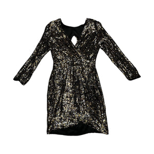 Designer Parker Silver Gold and Black Sequin cocktail dress. Gorgeous well made cocktail dress that has some stretch to it.     Measured Flat   Chest - 32  Sleeve - 19"  Waist - 25"  Hips - 33"  Length - 31"
