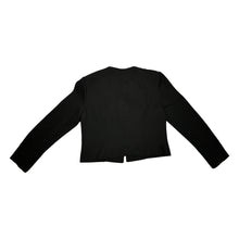 Load image into Gallery viewer, Introducing the Vintage Leslie Fay Black Crop Blazer - the perfect combination of chic and playful! This blazer features a front button closure, satin bow detail, and shoulder pads, along with measurements of 35&quot; chest, 22&quot; sleeves, and 21&quot; length when...