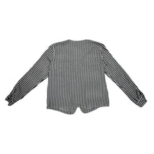Load image into Gallery viewer, This Vintage Notations blouse features classic black and white pin stripes, perfect for adding a touch of retro charm to any outfit. Though it may be missing one button, the chest measures at a flattering 32 inches and the sleeves at a stylish 22 inche...
