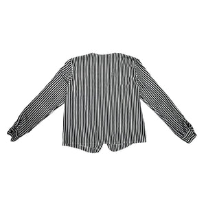 This Vintage Notations blouse features classic black and white pin stripes, perfect for adding a touch of retro charm to any outfit. Though it may be missing one button, the chest measures at a flattering 32 inches and the sleeves at a stylish 22 inche...