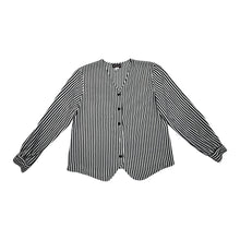 Load image into Gallery viewer, A black and white pin stripe vintage Notations blouse that is missing one button.   Measured Flat  Chest - 32&quot; Sleeve - 22&quot; Length - ﻿24&quot;