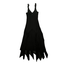 Load image into Gallery viewer, Get ready to turn heads in this sleek R&amp;M Richards formal dress, adorned with intricate black leaf designs. The measurements speak for themselves: 34&quot; flat chest, 28&quot; waist, 35&quot; hips, and a stunning 55&quot; length.