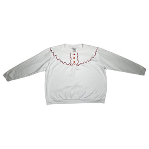 A white vintage Hanes Comfort Blend crewneck sweatshirt with red button and thread detail.   Measured Flat  Chest - 37" Sleeve - ﻿22" Length - 20"