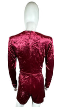 Load image into Gallery viewer, Introducing the SugarLips Romper - the perfect combination of crushed velvet and a deep wine hue. Measuring at 32&quot; flat in the chest, 27&quot; in the waist, with 25&quot; sleeves and a 2&quot; inseam, this quirky romper adds a playful touch to your wardrobe with a to...