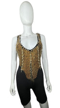 Load image into Gallery viewer, This Vintage Black and Gold Beaded Leotard has a stretchy and comfortable feel. Although it may show some wear and tear, it still holds its unique charm with a few holes and a missing bead on the chest. In the past, I had a skirt attached to the back t...
