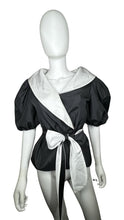 Load image into Gallery viewer, Elevate your wardrobe with this stunning Vintage Designer Couture Tally Boutique Taffeta blouse. Its timeless black and white color scheme and tie belt add a touch of sophistication to any outfit. And with measurements of 35&quot; chest, 14&quot; sleeves, and 24...