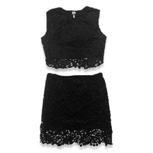 Load image into Gallery viewer, Black Lace 2PC Skirt and Top made of %100 Polyester.     Measured Flat  Chest - 35&quot;  Waist - 30&quot;  Hips - 36&quot;  Top Length - 16&quot;  Bottom Length - 20&quot;