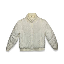 Load image into Gallery viewer, Rare Vintage All Around The World Casual Club Coat is an outdoor white/cream button up puff coat with and adjustable pop up neck and adjustable snap button wrist.   Measured Flat   Chest - 42&quot;  Sleeve - 26&quot;  Length - 29&quot;
