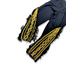 Load image into Gallery viewer, Vintage 80s Varda Garfinkel Black Pant is a black pant with zipper as well as black and gold leg embellishments. Measured Flat Waist - 32&quot; Hips - 38&quot; Length - 41&quot;