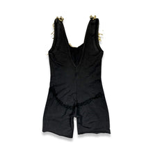 Load image into Gallery viewer, This Vintage Black and Gold Beaded Leotard has a stretchy and comfortable feel. Although it may show some wear and tear, it still holds its unique charm with a few holes and a missing bead on the chest. In the past, I had a skirt attached to the back t...
