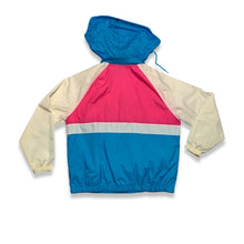 Load image into Gallery viewer, This vintage windbreaker jacket from Cabin Creek Petite is a playful pop of color with a phantom hood for rainy days. With a chest measurement of 45 inches, sleeve length of 28 inches, and a length of 26.5 inches, it&#39;s perfect for adding some fun to yo...