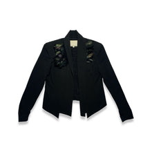 Load image into Gallery viewer, Designer Black Blazer with Feathers.     Measured Flat  Chest - 32&quot;  Sleeve - 25 1/2&quot;  Length - 26&quot; in the Front and 21&quot; in the Back