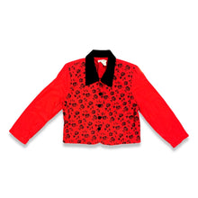 Load image into Gallery viewer, Introducing the Vintage J.W. Treci Blouse: a playful red crop with a velvet collar and a charming rose print on the front. This versatile top can even double as a blazer! Get your quirky on with a chest measurement of 39&quot;, sleeve length of 21&quot;, and ove...