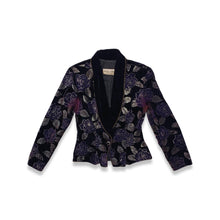 Load image into Gallery viewer, Vintage Velvet Dark Purple Blazer has some wear from the material rubbing under the arms.   Measured Flat   Chest - 30&quot;  Sleeve - 23&quot;  Length - 26&quot;