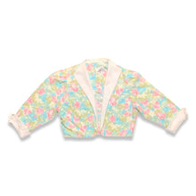 Load image into Gallery viewer, Pastel floral print crop jacket. Its a vintage size 10 so it runs smaller. Measured Flat Chest - 36&quot; Sleeve - 16 1/2&quot; Length - 17&quot;