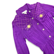 Load image into Gallery viewer, This rare find Vintage 80&#39;s Saint Germain Jumpsuit is a vintage purple button up jumpsuit with gold stitching and embellishing with a stretch waist. Measured Flat Sleeve - 24&quot; Waist - 26&quot; Hips - 36&quot; Length - 58&quot;