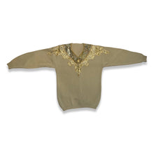 Load image into Gallery viewer, Get that 80&#39;s vibe with this matching set! A fab cream sweater and a stretchy skirts set, embellished with gold accents, rope design and gold studs along the skirt slit. Measurements for Top - 40&quot; chest, 22&quot; sleeves, 29&quot; length. Skirt - 34&quot; waist, 33&quot;...