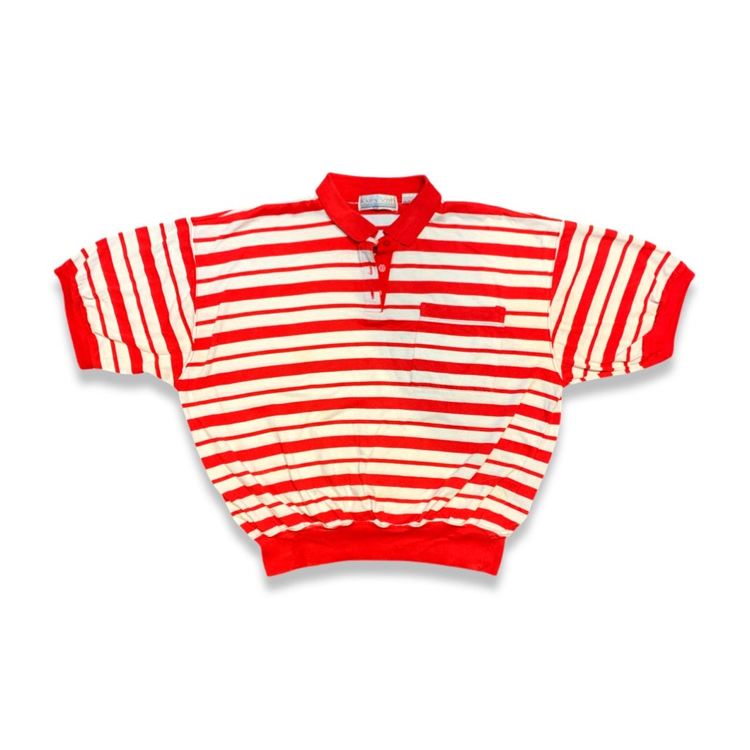 Experience classic style with this Vintage Karen Scott polo featuring red and white stripes and a convenient cigarette pocket. Its flattering fit measures 44