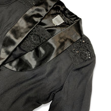 Load image into Gallery viewer, Vintage Black 2pc Button up jacket and dress with lace and sequin embellishment on shoulders of jacket and on the front of the dress. Measured Flat Chest - 38&quot; Sleeve - 23 1/2&quot; Length - 33&quot;